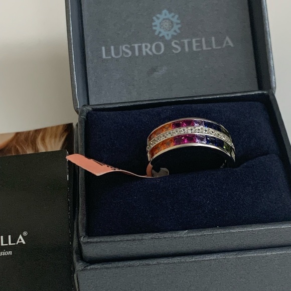 Lustro Stella 925 Sterling Silver Rainbow CZ Band Ring | Multi-Color Gemstone - Picture 6 of 7
